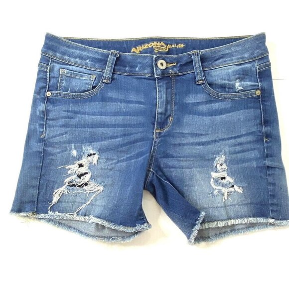 Arizona Jean Co Junior Women's size 5 Distressed Raw Hems Blue Jean Denim Shorts - Picture 1 of 9
